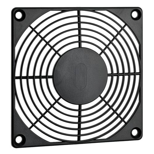 Een vierkant zwart ventilatieraster met cirkelvormige groeven en vier bevestigingsgaten in de hoeken.
