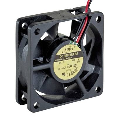 Een kleine, vierkante, zwarte ventilator met het opschrift 'DC Brushless Model AG06024' aan de voorkant.