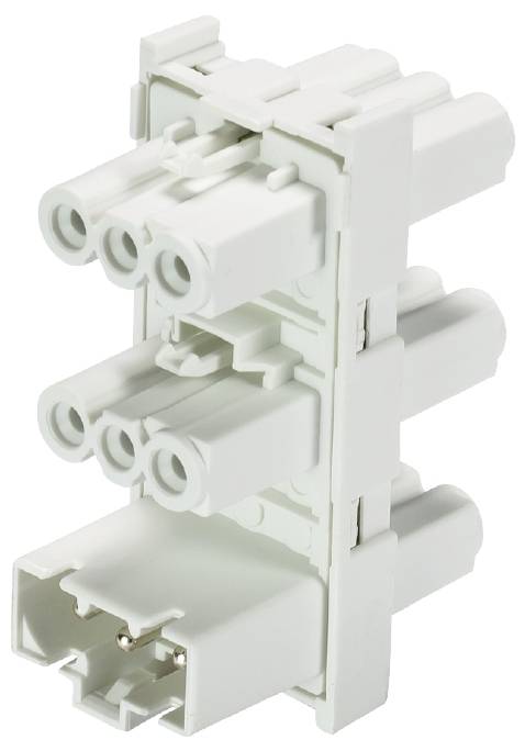 Een witte, multipolaire elektrische stekker met meerdere poorten, geschikt voor verschillende aansluitingen.