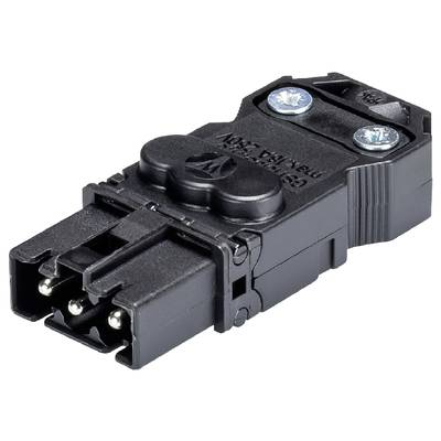 Een zwarte elektrische stekker met twee zichtbare schroeven en pinnen voor het verbinden van apparaten in een elektrische kring.