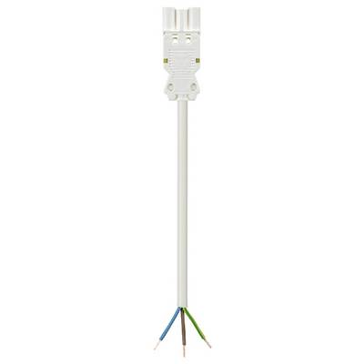 'Elektriciteitskabel met een witte stekker en drie geïsoleerde, koperenaders in de kleuren bruin, blauw en groen-geel, die uit de kabelmantel steken.'