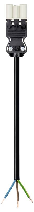 Een zwarte kabel met een verdeler die uitkomt op vier neutrale, groen-gele en bruine draden. Geschikt voor stroomverdeling.
