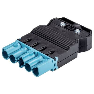 Een blauwe driepolige elektrische stekker naast een zwarte behuizingsadapter, vaak gebruikt in industriële toepassingen.