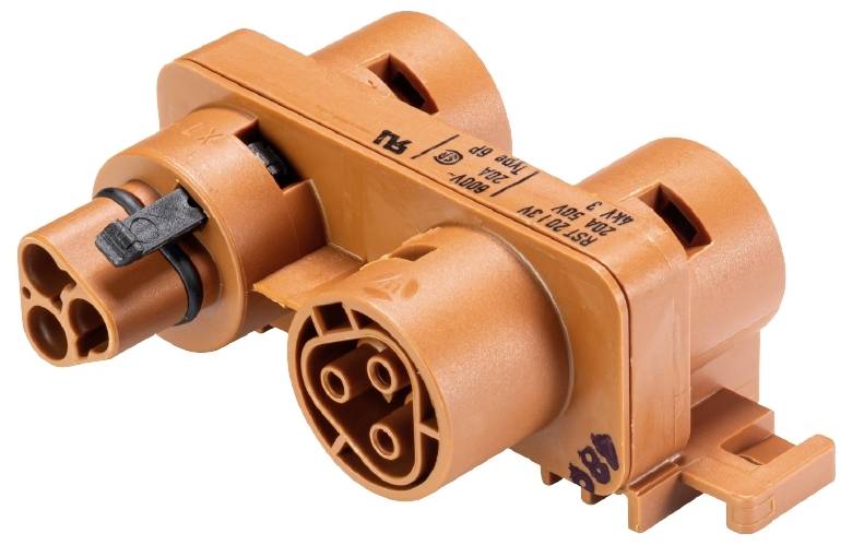 Een oranje elektrische stekkerverbinding met meerdere aansluitingen en een vergrendelingsmechanisme, geschikt voor hoogspanningstoepassingen.