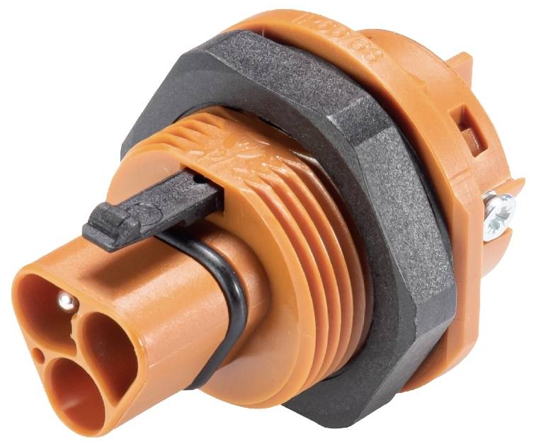 'Oranje elektrische stekker met zwarte ring en twee gaten, aan de zijkant beveiligd met een schroef.'