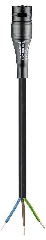 Zwart kabel met een stekker aan het bovenste uiteinde, dat zich aan het onderste uiteinde vertakt in drie gekleurde draden (blauw, bruin, groen-geel).