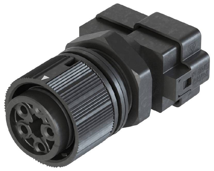 Een zwarte, cilindrische connector met meerdere aansluitbussen, geschikt voor industriële bekabeling.