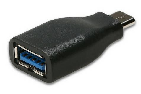 USB-adapter met zwarte behuizing; USB-A aansluiting naar USB-C stekker.