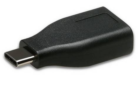 Een zwarte USB-C-adapter die wordt gebruikt voor het verbinden van verschillende apparaten.