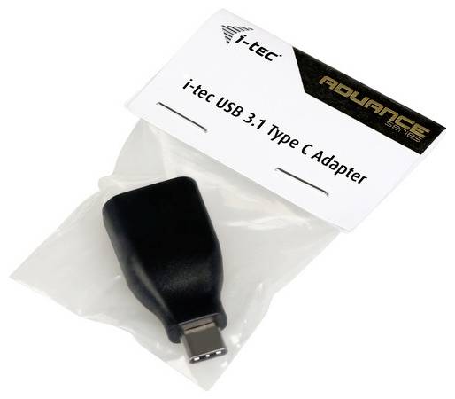 Een zwarte USB-C-adapter van i-tec verpakt in een plastic zak met het etiket 'i-tec USB 3.1 Type C Adapter'.