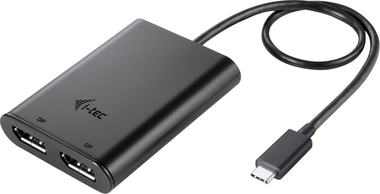 Een zwart-grijze adapter met twee DisplayPort-poorten en een USB-C-kabel. Gemerkt met 'i-tec'.