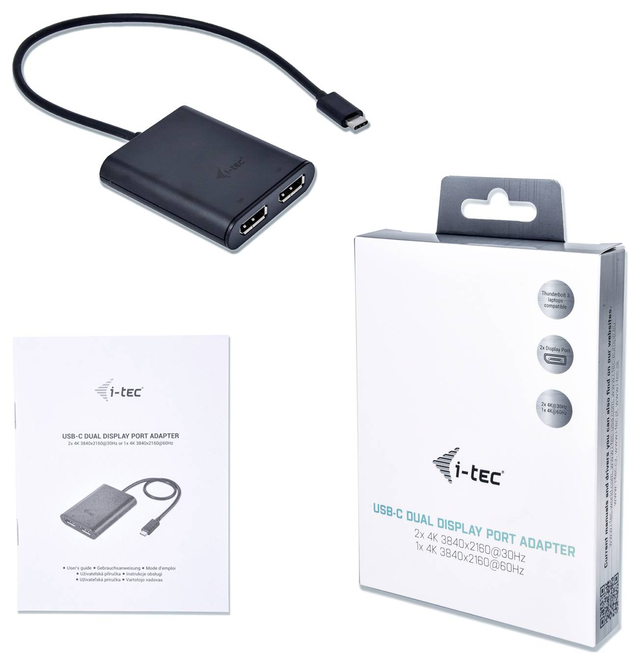 USB-C Dual DisplayPort-adapter van i-tec met verpakking en gebruiksaanwijzing. Ondersteunt 2x 4K bij 60 Hz of 1x 5K bij 60 Hz.