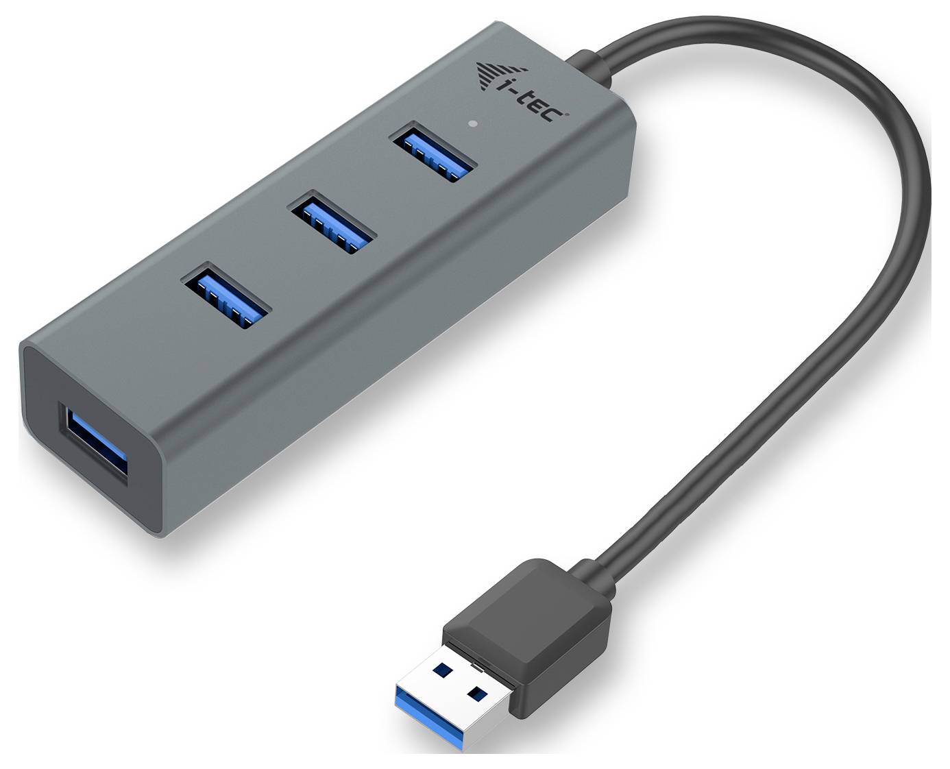 USB-hub met vier poorten en een verbindingskabel. Merklogo 'i-tec' zichtbaar op de bovenkant van de hub.