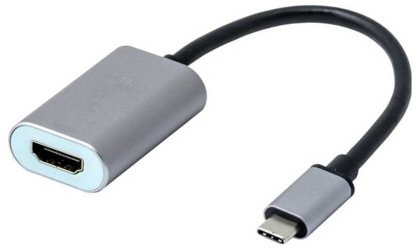 Een USB-C naar HDMI-adapter met zwart kabel. De adapter is zilverkleurig en maakt het mogelijk om HDMI-apparaten aan te sluiten op USB-C-poorten.