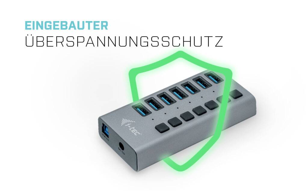 Een grijze USB-hub met meerdere poorten wordt omgeven door een groen schild. Tekst: 'Ingebouwde overspanningsbeveiliging'.