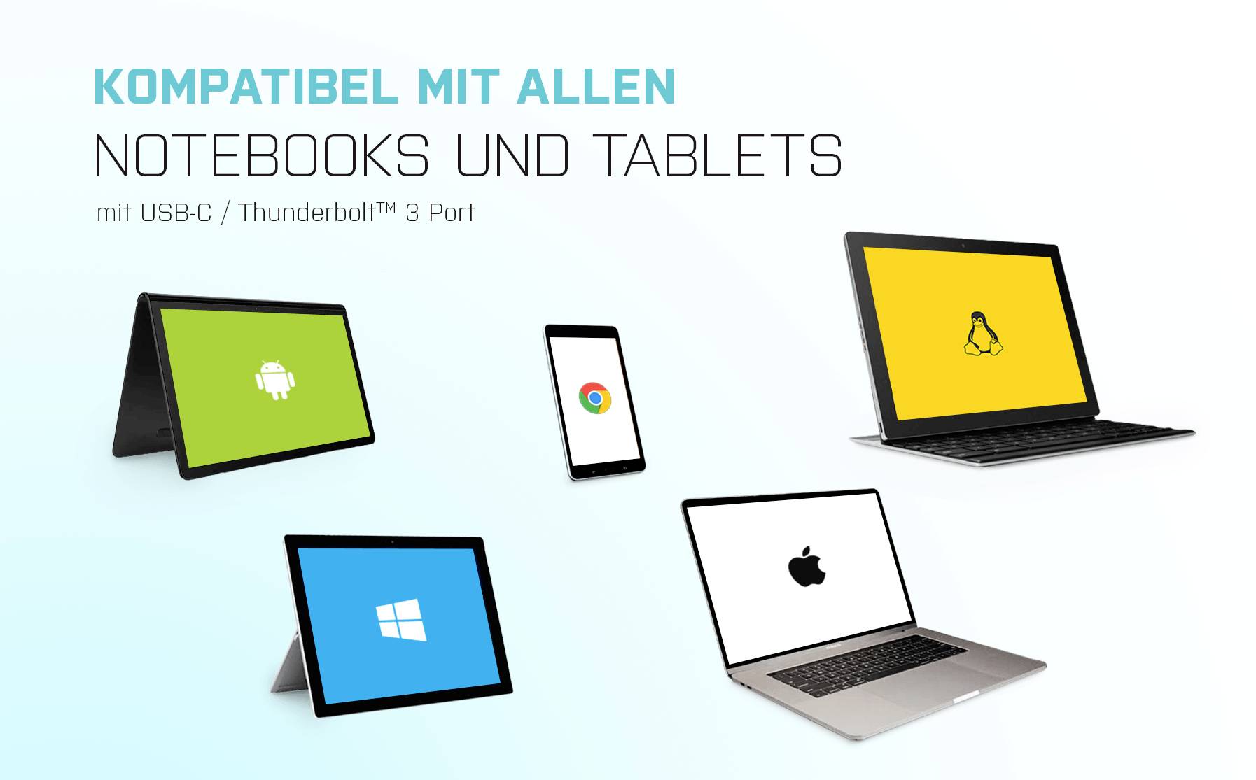 Een selectie van notebooks en tablets met verschillende besturingssystemen toont de compatibiliteit met USB-C / Thunderbolt™ 3 poort.