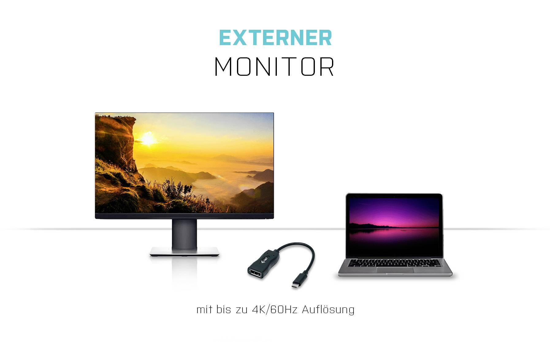 'Externe Monitor' toont een zonsondergang op het scherm. Naast de monitor staat een laptop. Daartussen ligt een HDMI-kabel.