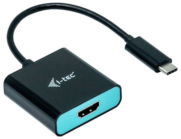 Een adapter met USB-C-aansluiting en HDMI-uitgang voor het verbinden van apparaten. Gemarkeerd met 'i-tec'.