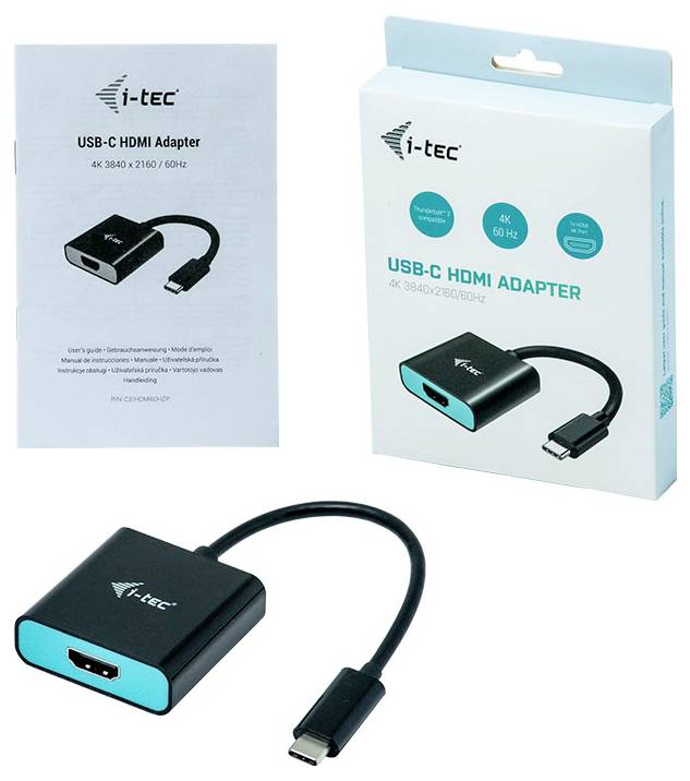 USB-C naar HDMI-adapter van i-tec met verpakking en handleiding, ondersteunt 4K 3840 x 2160/60Hz, inclusief zwarte kabel.