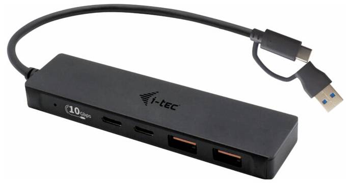 Een zwarte USB-C-hub van het merk i-tec met vier aansluitingen, waaronder USB-C en USB-A, en een geïntegreerd verbindingskabel.