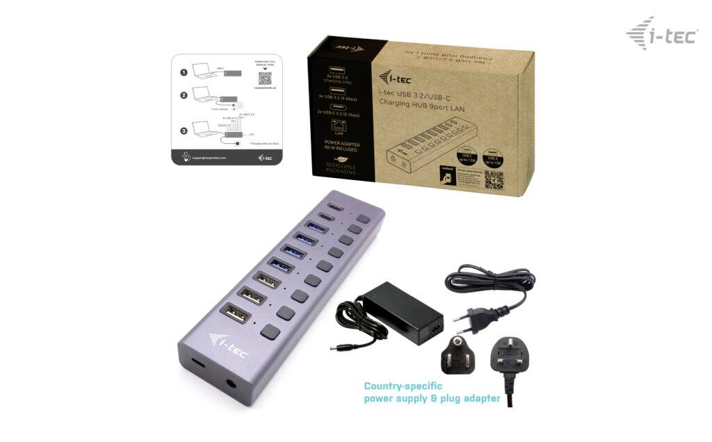 Adapter met meerdere USB-poorten (USB 3.0/USB-C) en LAN-poort. Inclusief voedingsadapter, specifieke stekkeradapters en verpakking.