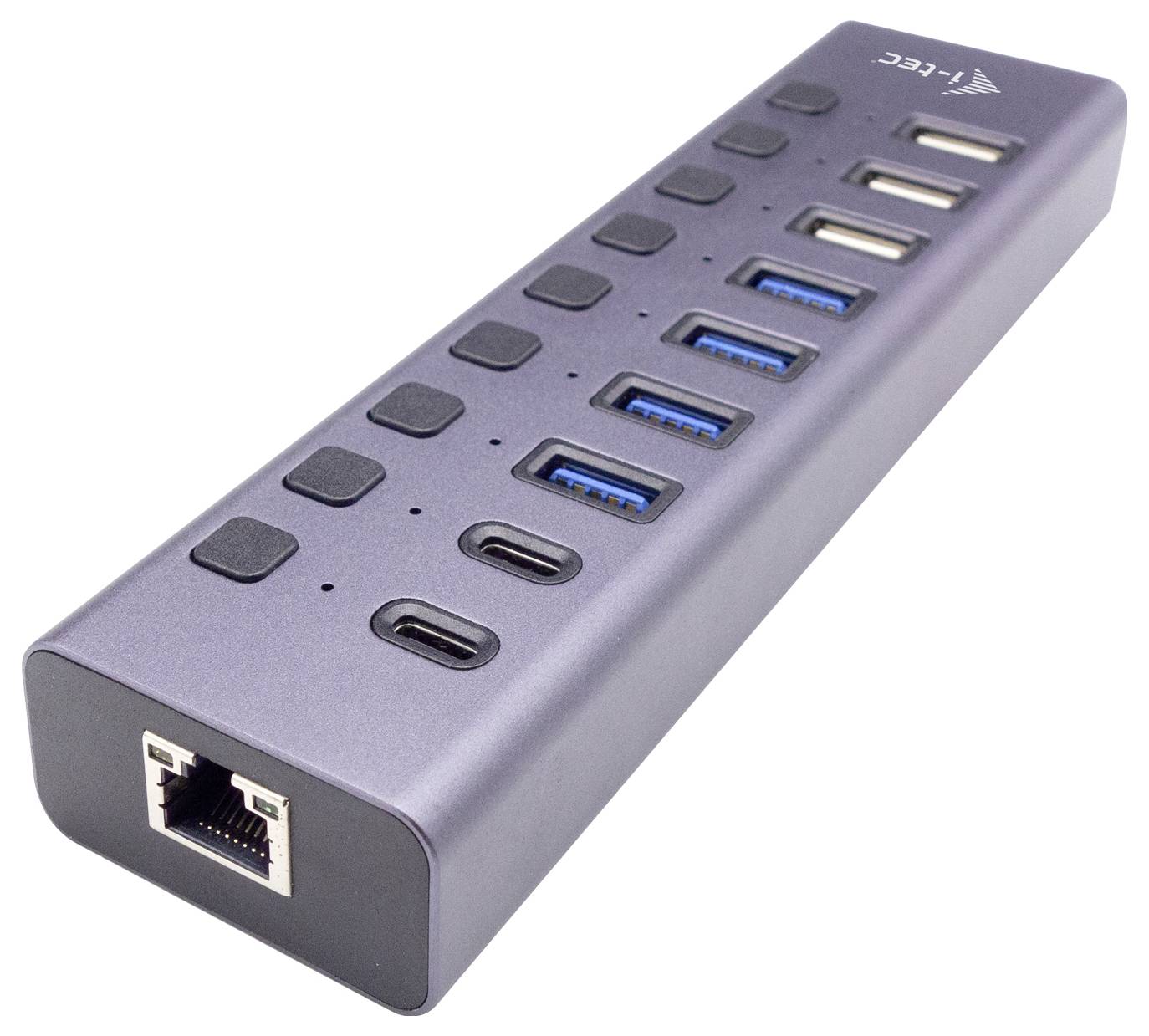 Een donkergrijze USB-hub met meerdere poorten, inclusief USB-C, USB-A en Ethernet-aansluiting. Ideaal voor het uitbreiden van verbindingsmogelijkheden.