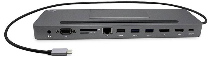 Een USB-C-dockingstation met verschillende aansluitingen: HDMI, Ethernet, USB-A, USB-C, Audio en DisplayPort.