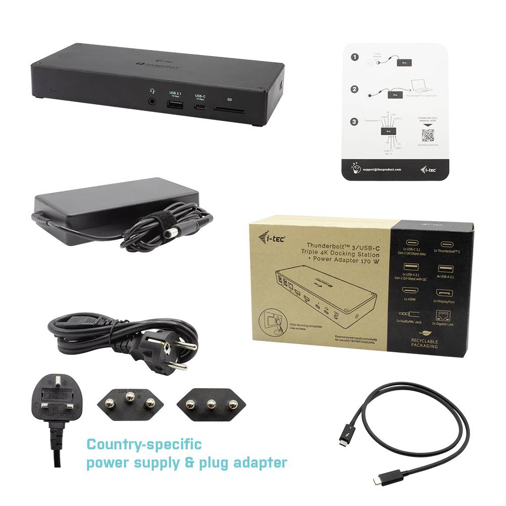 'Dockingstation met voedingsadapters, verschillende stekkeradapters en USB-kabel. Verpakking met productdetails.'