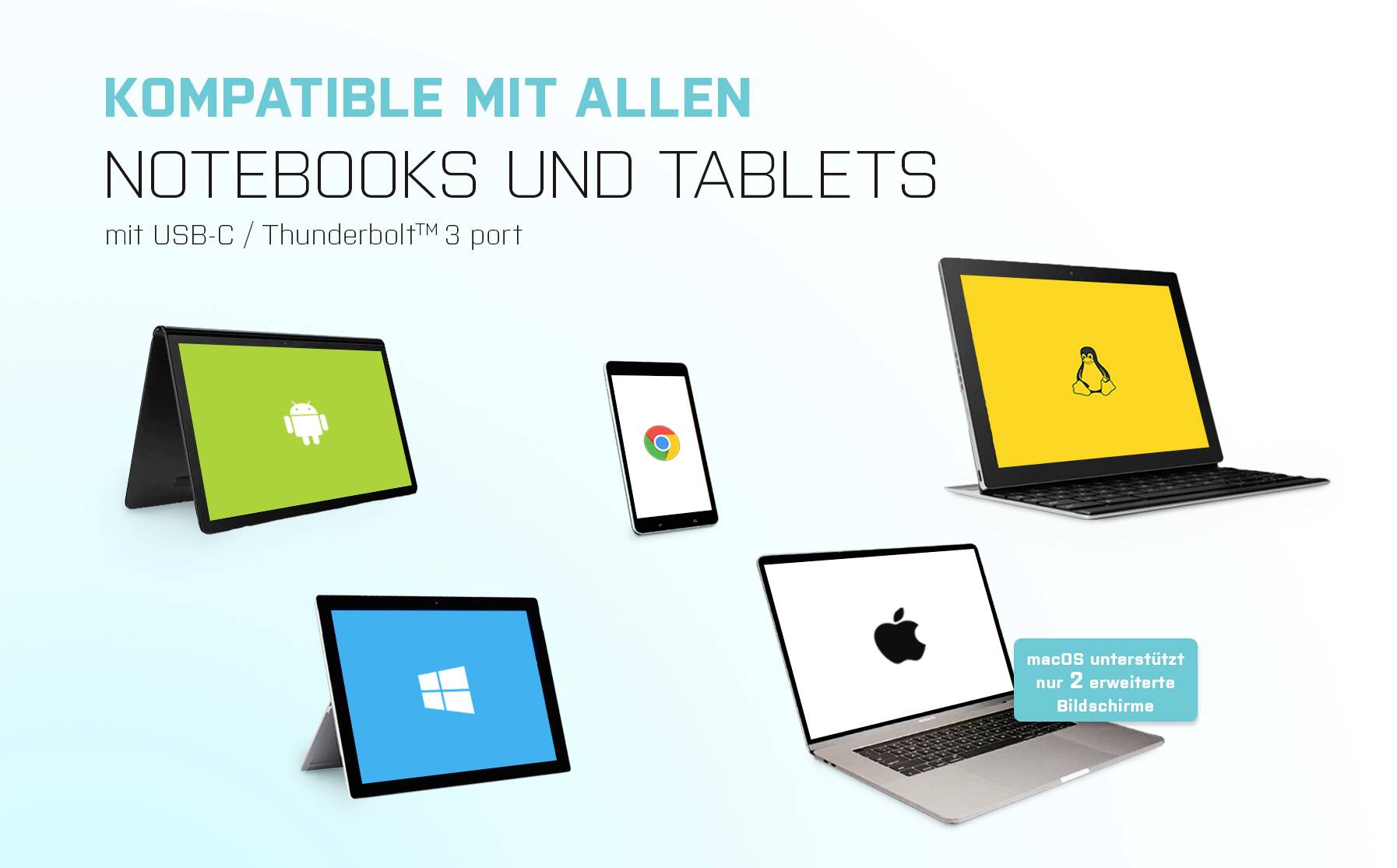 Compatibel met alle notebooks en tablets met USB-C/Thunderbolt™ 3-poort.' Op de afbeelding zijn apparaten te zien met logo's van verschillende besturingssystemen.