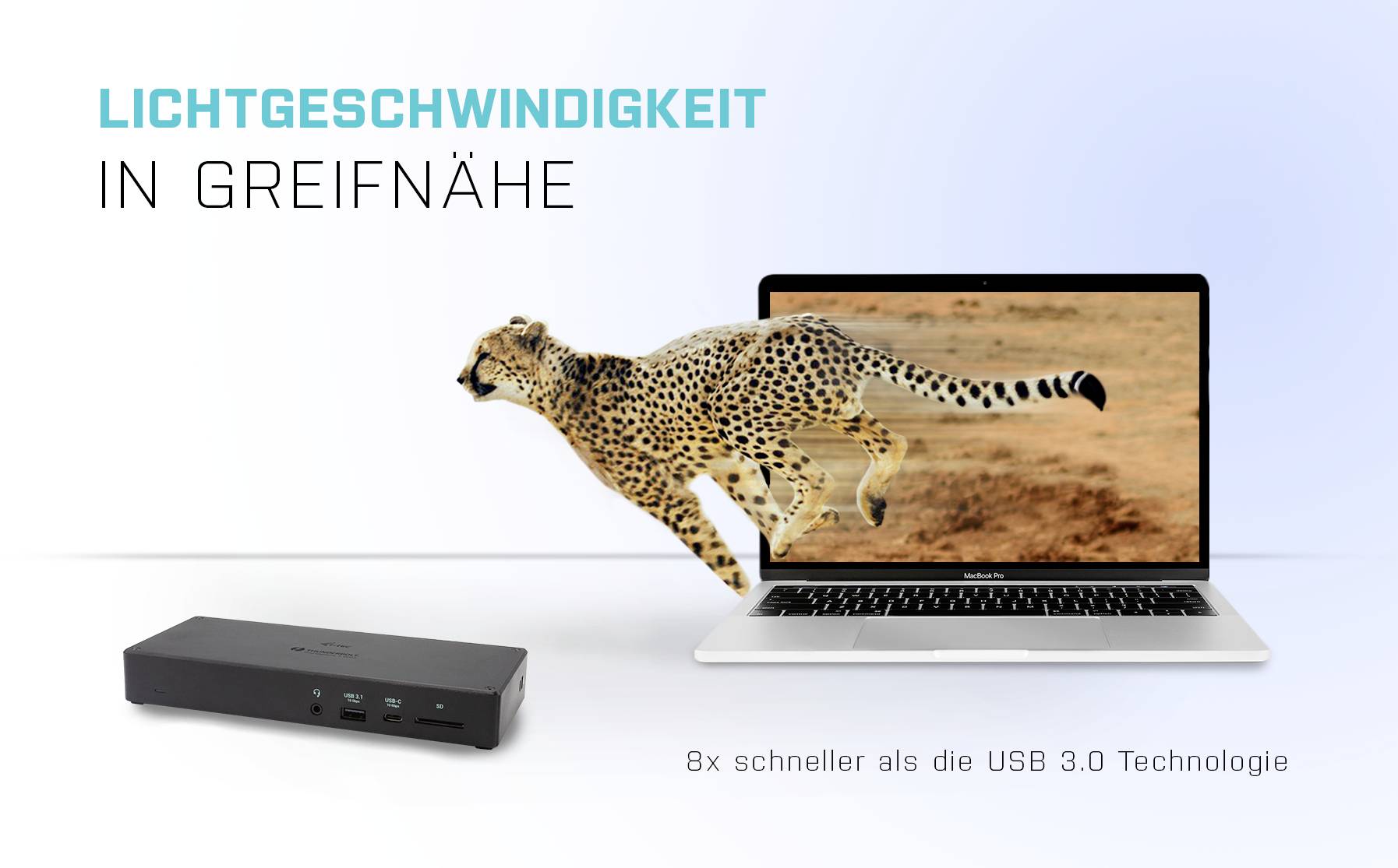Een jachtluipaard springt uit een laptopscherm, naast een USB-hub. Tekst: 'Lichtsnelheid binnen handbereik', '8x sneller dan de USB 3.0-technologie'.