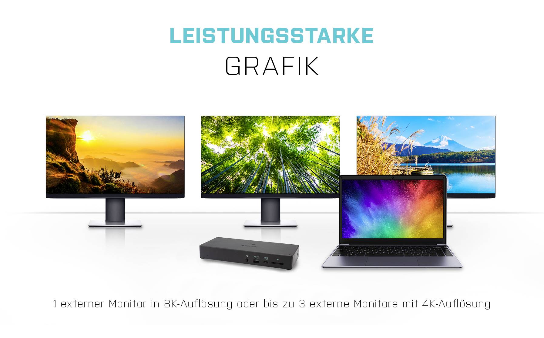 Computerbeeldscherm-setup met drie monitoren en een laptop die natuurlijke landschappen weergeven. Tekst: 'Krachtige grafische weergave'.