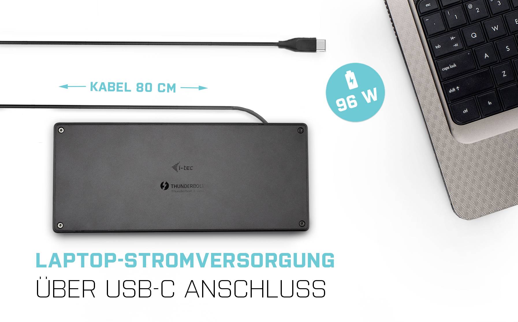 Lange zwarte oplader met USB-C-kabel (80 cm) levert 96 W vermogen. Opschrift: 'Laptopvoeding via USB-C-aansluiting'.