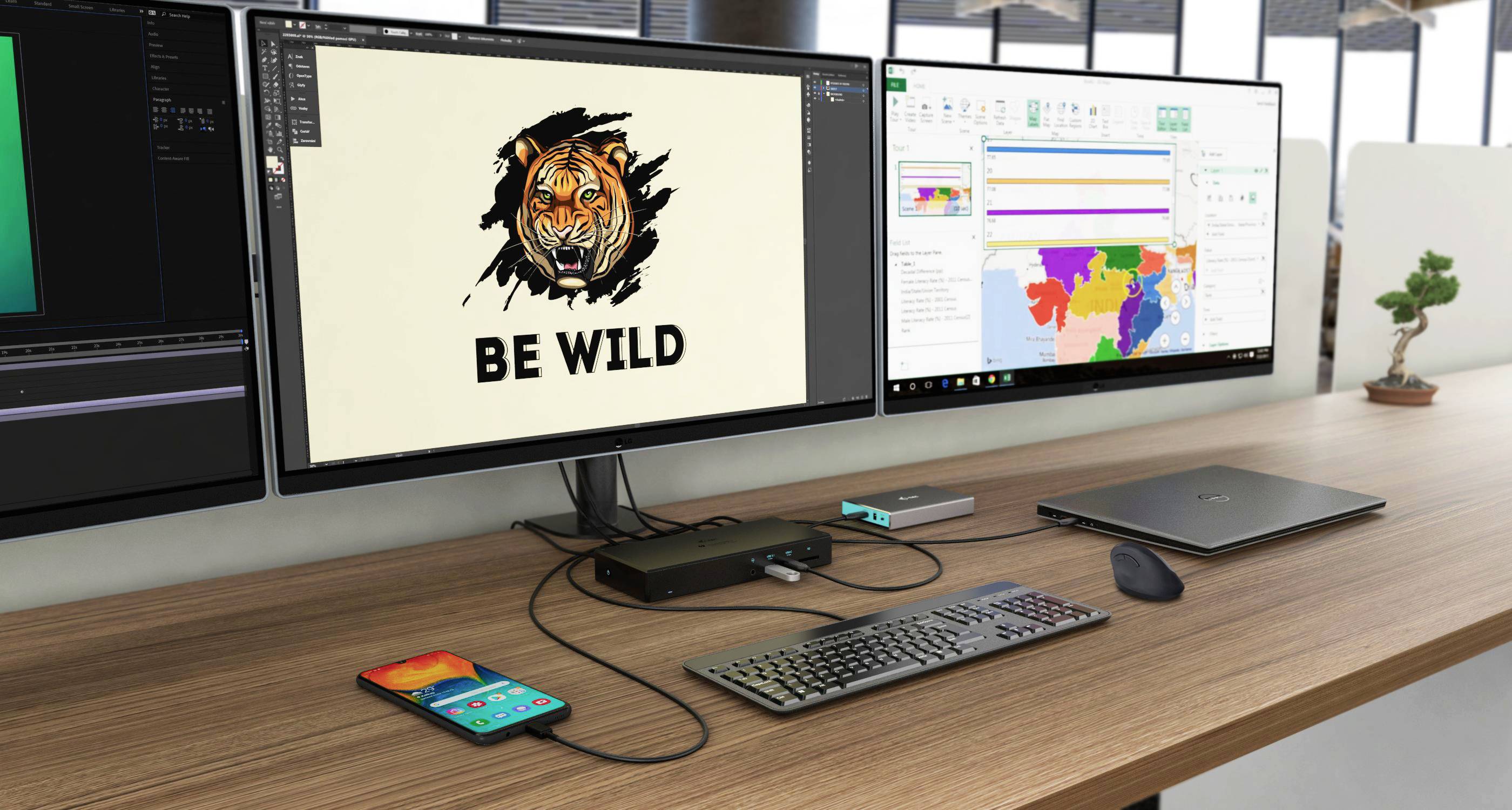 Werkplek met drie monitoren; de middelste vertoont "Be Wild" met een tijger. Links en rechts werddocumenten. Toetsenbord en mobiele telefoon op de tafel.