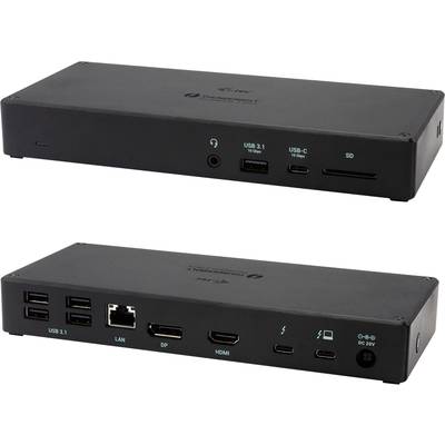 Een zwarte dockingstation met meerdere aansluitingen: USB 3.1, USB-C, SD-kaartlezer, LAN, DisplayPort, HDMI en oplaadaansluiting.