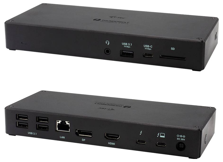 Een zwarte dockingstation met meerdere aansluitingen: USB 3.1, USB-C, SD-kaartsleuf, LAN, Displayport, HDMI, audioaansluiting.