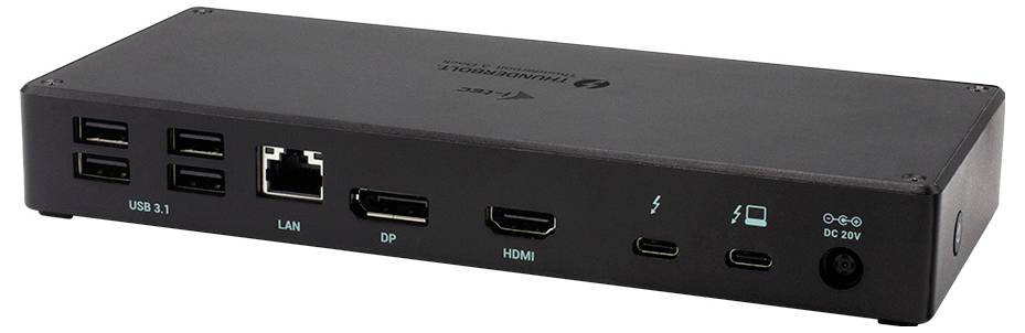 Een zwarte dockingstation met meerdere aansluitingen: vier USB 3.1, LAN, DisplayPort, HDMI en twee USB-C-poorten.