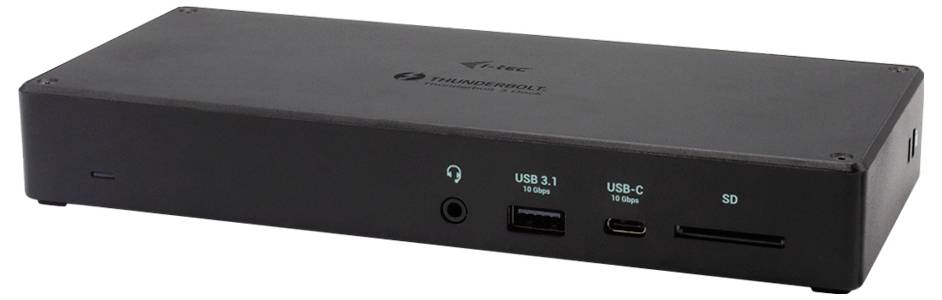 Een zwarte Thunderbolt-dockingstation met aansluitingen: USB 3.1, USB-C, SD-kaartlezer en audio-aansluiting.