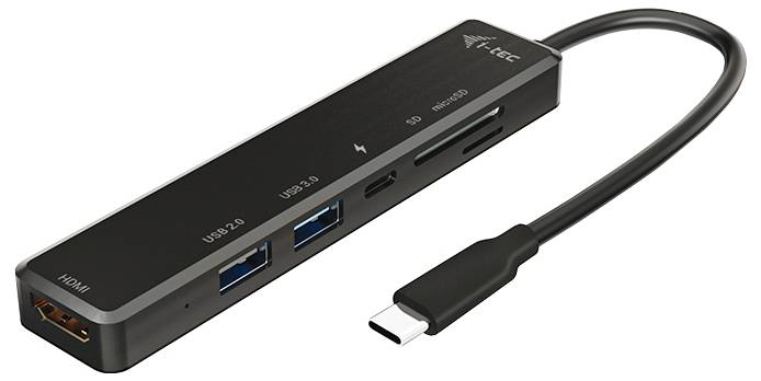 USB-C-hub met HDMI-, USB 3.0-, USB 2.0-poorten en SD-kaartsleuven, geschikt voor het uitbreiden van apparaten met beperkte aansluitingen.