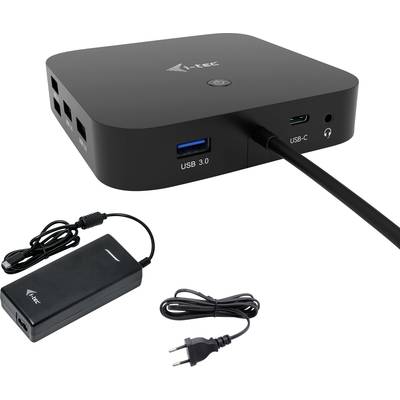 Een zwart I-Tec-dockingstation-behuizing met diverse aansluitingen: USB 3.0, USB-C. Ernaast een netadapter en stroomkabel.