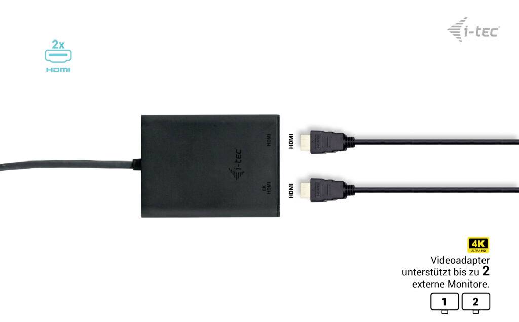 'Grafiet' HDMI-videoadapter met twee HDMI-kabels. Tekst: 'Videoadapter ondersteunt tot 2 externe monitors'.