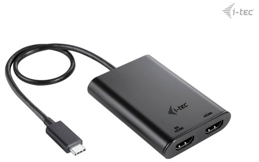 Een zwarte adapter met een USB-C-aansluiting naar twee HDMI-uitgangen. Op de adapter is het logo van I-tec zichtbaar.