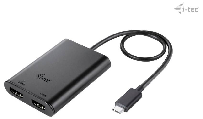 Een zwarte USB-C-adapter met twee HDMI-uitgangen, geschikt voor het aansluiten van meerdere schermen op een computer of laptop.