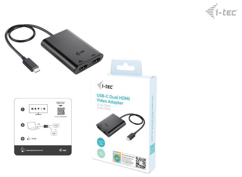 Een zwarte USB-C Dual HDMI Video Adapter met verpakking. Voor videoaansluitingen van laptops naar twee HDMI-schermen.