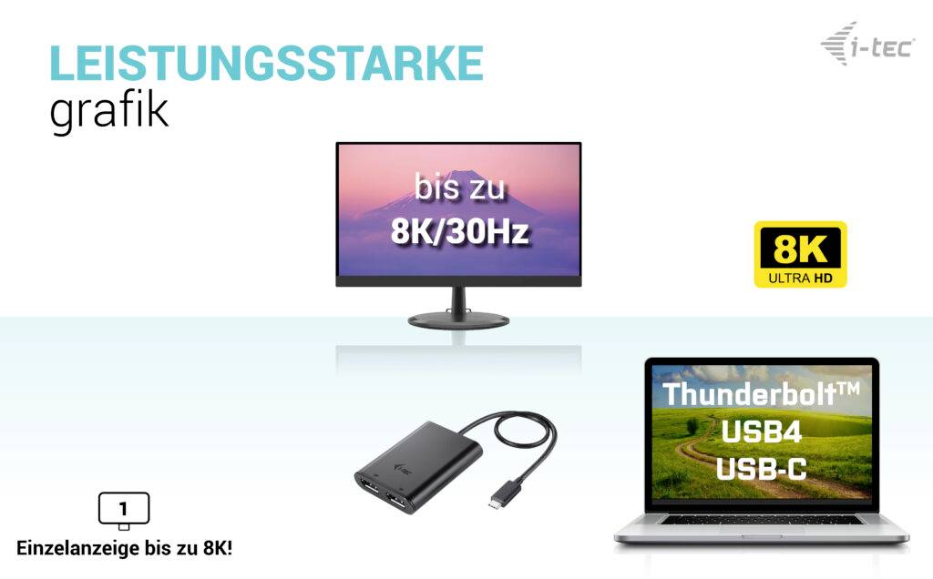 Krachtige graphics: Monitor met 'tot wel 8K/30Hz'; Thunderbolt™ USB4 USB-C aansluiting; Enkele weergave tot 8K mogelijk.