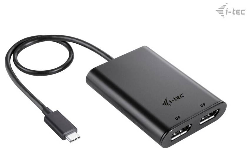 Zwarte adapter met USB-C-stekker en twee DisplayPort-poorten van 'i-tec', geschikt voor schermuitbreiding.