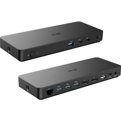 Een zwarte dock met verschillende aansluitingsmogelijkheden, waaronder USB, HDMI en netwerkkabel. Ligt op een witte achtergrond.