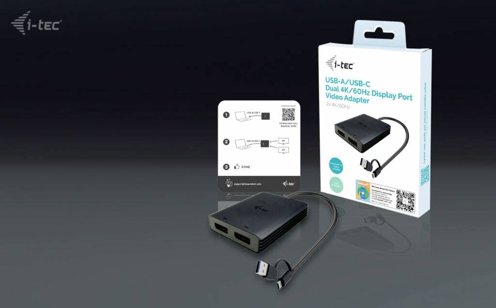 USB-A/USB-C Dual 4K/60Hz DisplayPort Video-adapter van i-tec, afgebeeld met verpakking en handleiding. Aansluitingen: HDMI en USB.
