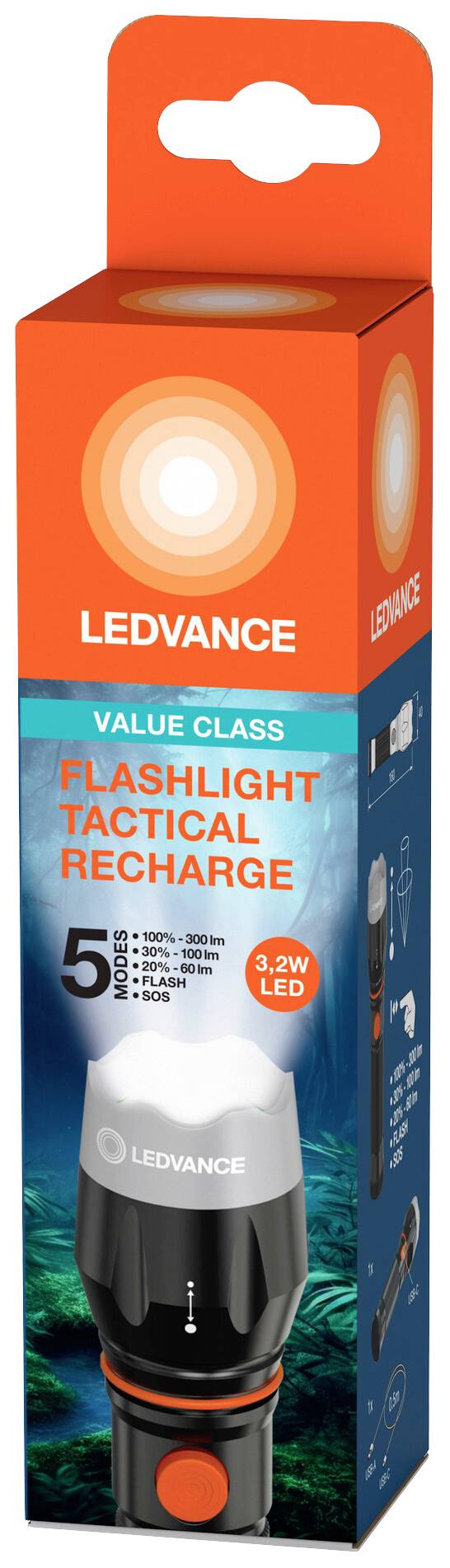 Zaklampverpakking van Ledvance met opdruk 'Flashlight Tactical Recharge', 3,2W LED, geïllustreerd met zaklamp en technische specificaties.