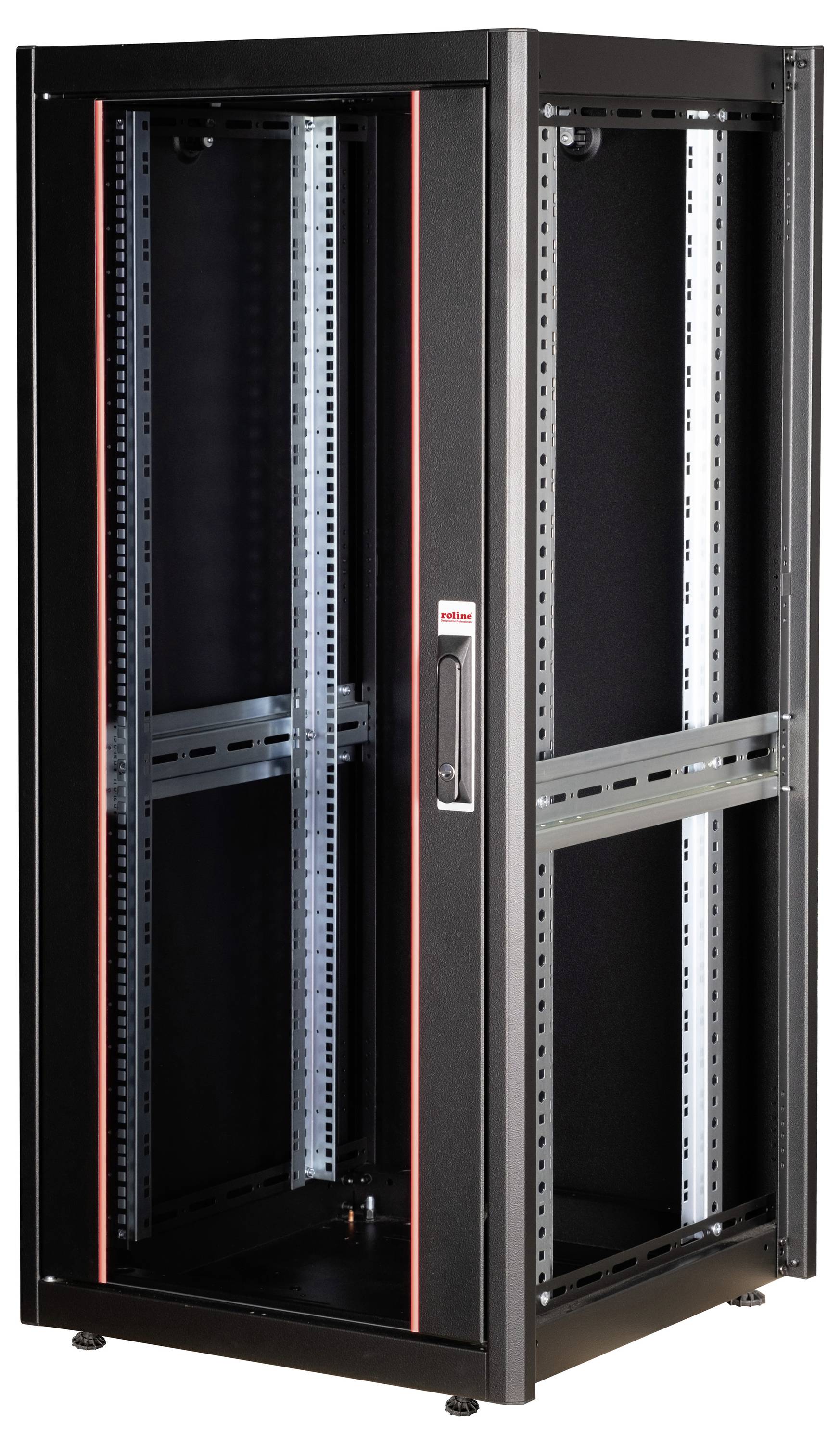 Zwart netwerk-rackbehuizing met glazen voordeur en zijdelingse ventilatiesleuven, geschikt voor de installatie van servers of netwerkapparatuur.