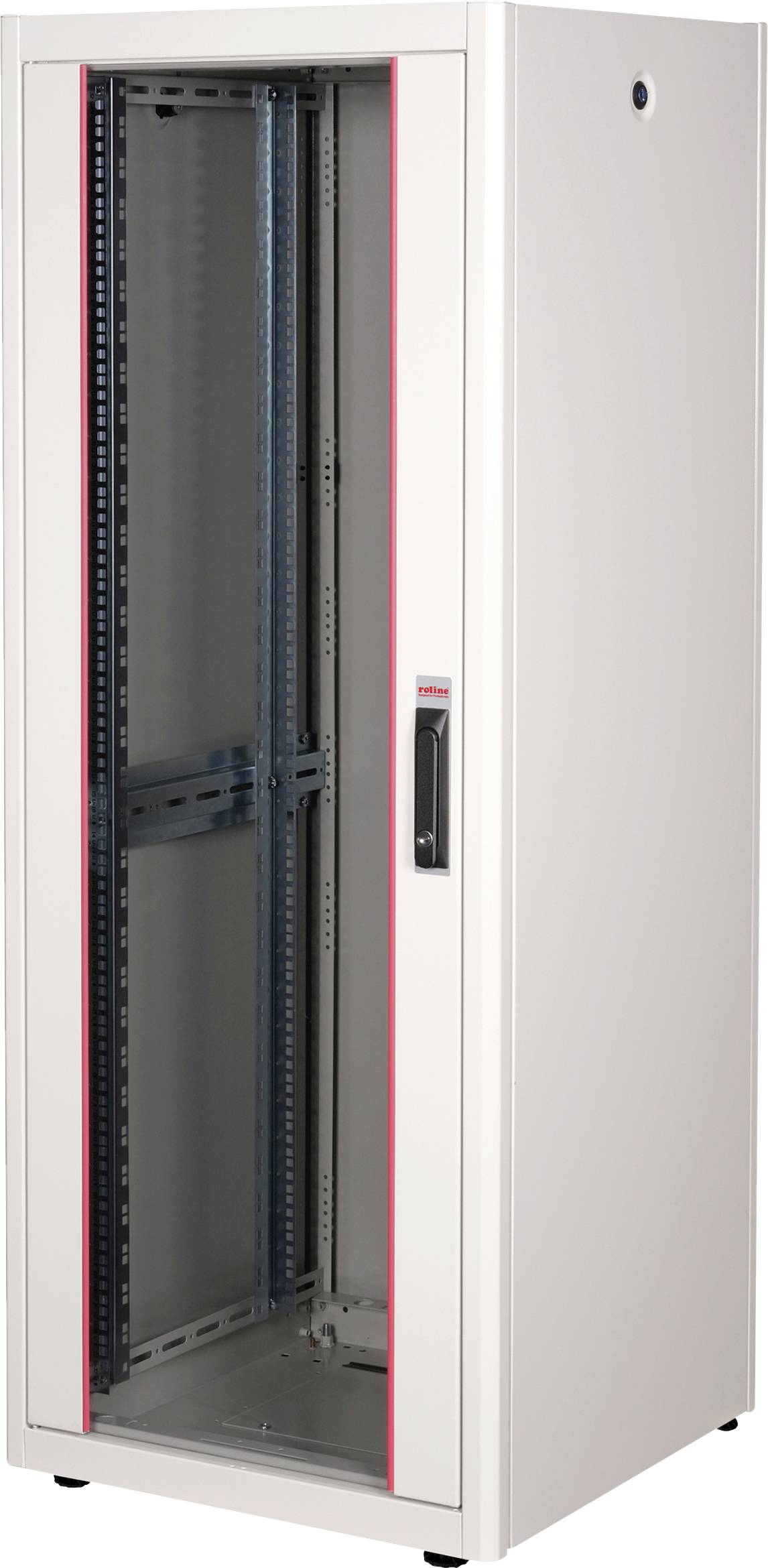 Een witte serverbehuizing met een glazen deur en een zwarte handgreep, geschikt voor het veilig opbergen van IT-apparatuur.